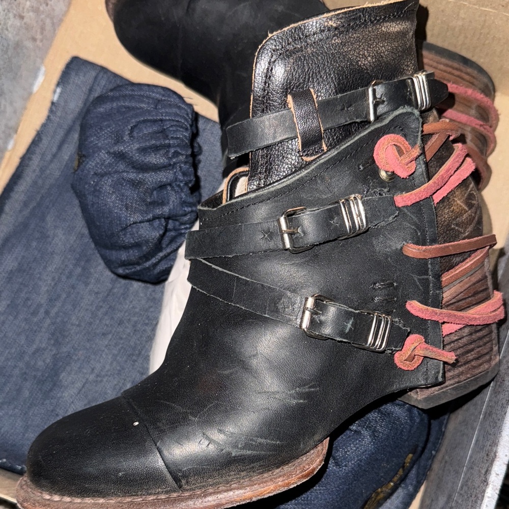 Freebird Black and Brown Ankle Boots with Buckle Straps